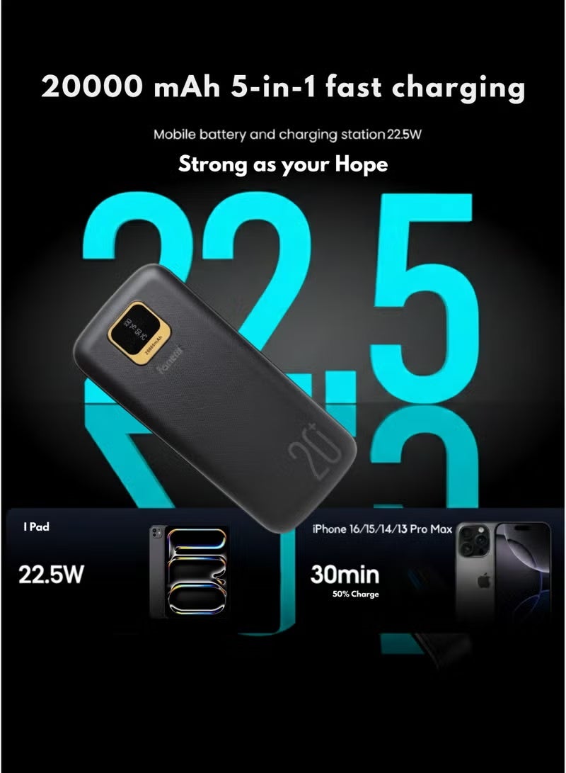 Fonemi 20000mAh Power Bank 22.5W Fast Charging | Built-in 4 Cables (Type-C, Lightning, Micro USB, USB) | Digital LED Display | Smart Protection Chip | Dual Input & Multiple Output | Portable with Handle, Black - Image 2